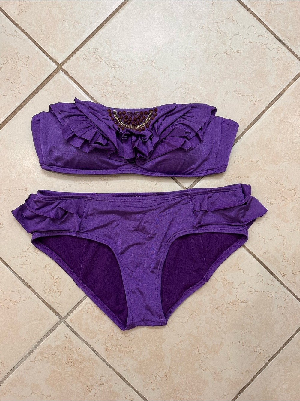 Laundry By Shelli Segal Purple Ruffle Bandeau Bikini with Beaded Accent